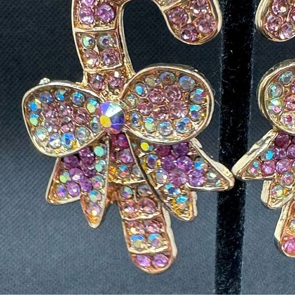 EARRINGS! Betsey Johnson Candy Cane Earrings BNWT AB Crystals Pink &Gold - Picture 5 of 6
